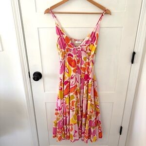 STORIA Midi Pastel Floral Smocked Ruffle Trim Dress. Size Small.